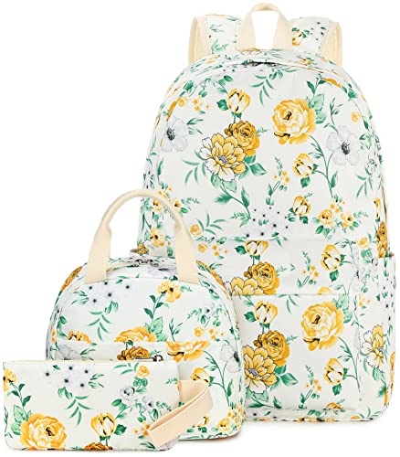 LEDAOU Backpack for Teen Girls School Bags Kids Bookbags Set School Backpack with Lunch Box and Pencil Case (Yellow White Flowers)