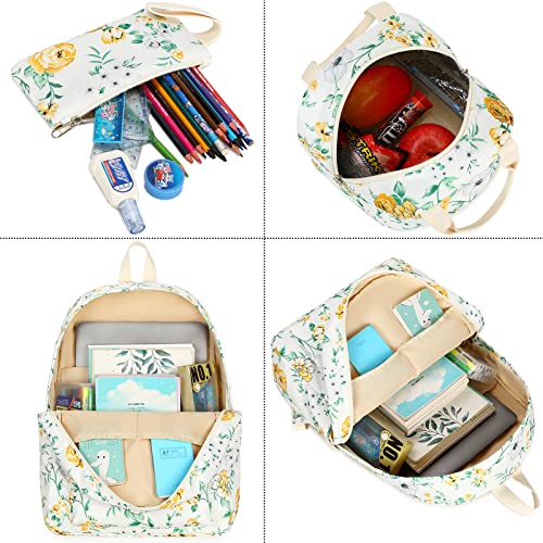 LEDAOU Backpack for Teen Girls School Bags Kids Bookbags Set School Backpack with Lunch Box and Pencil Case (Yellow White Flowers)