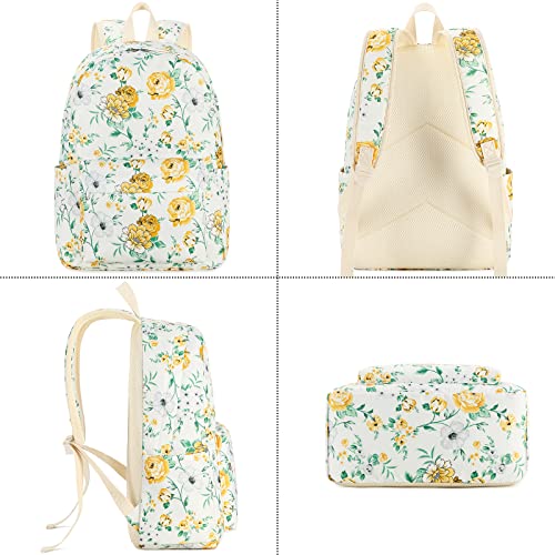 LEDAOU Backpack for Teen Girls School Bags Kids Bookbags Set School Backpack with Lunch Box and Pencil Case (Yellow White Flowers)