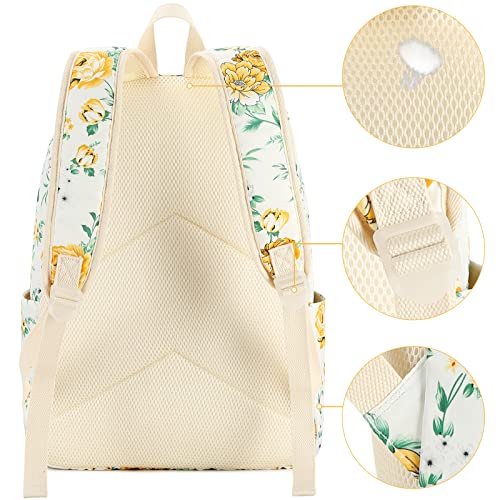 LEDAOU Backpack for Teen Girls School Bags Kids Bookbags Set School Backpack with Lunch Box and Pencil Case (Yellow White Flowers)