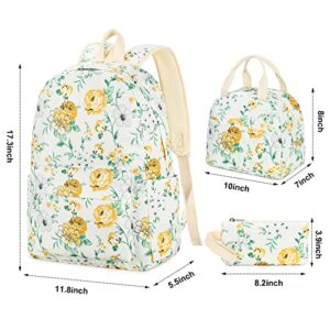 LEDAOU Backpack for Teen Girls School Bags Kids Bookbags Set School Backpack with Lunch Box and Pencil Case (Yellow White Flowers)