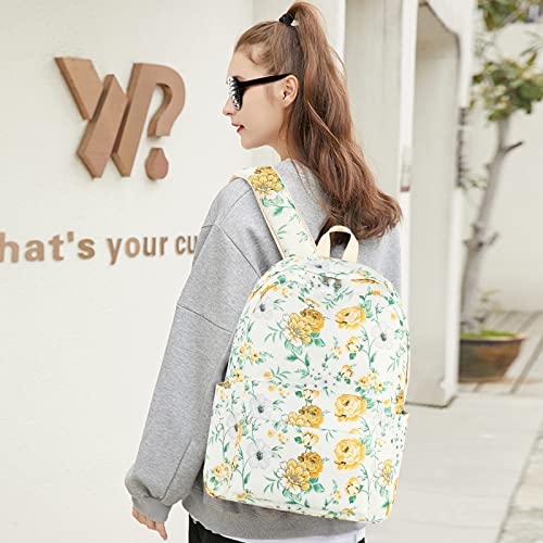 LEDAOU Backpack for Teen Girls School Bags Kids Bookbags Set School Backpack with Lunch Box and Pencil Case (Yellow White Flowers)