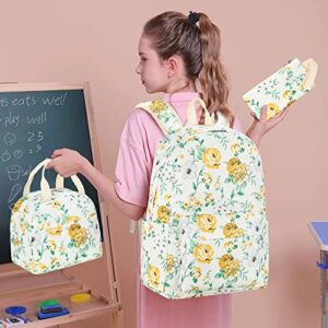 LEDAOU Backpack for Teen Girls School Bags Kids Bookbags Set School Backpack with Lunch Box and Pencil Case (Yellow White Flowers)