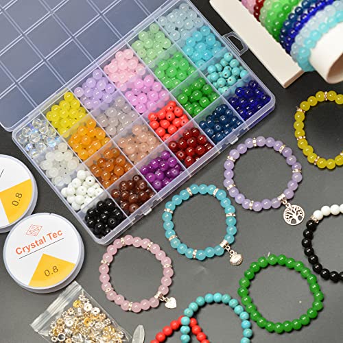 JIYIEW 8mm Glass Beads for Jewelry Making,24 Color DIY Crystal Gemstone Loose Beads Bracelet Neacklace Making Kit Round Spacers Stone Turquoise Beads Charms for Adults Jewelry Making Supplies