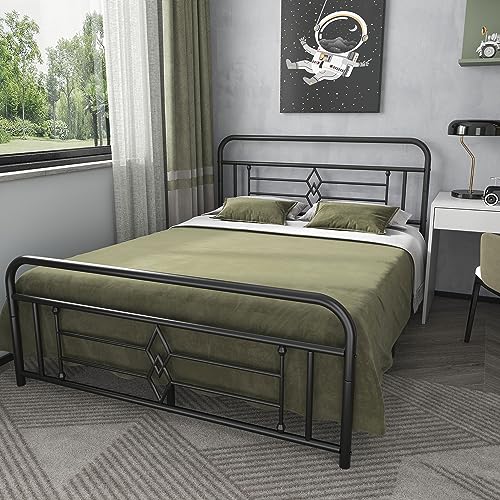 Bigbiglife Queen-Size Vintage Metal Platform Bed Frame with Headboard & Footboard, Under Bed Storage, No Box Spring Needed, Easy Assembly, Black