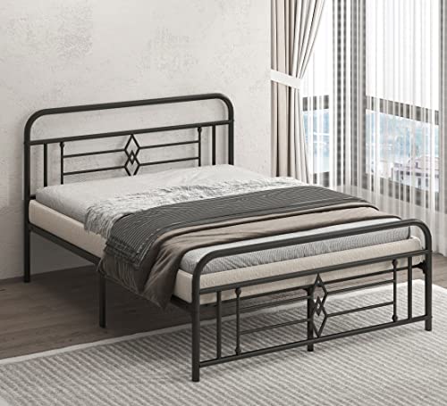 Bigbiglife Queen-Size Vintage Metal Platform Bed Frame with Headboard & Footboard, Under Bed Storage, No Box Spring Needed, Easy Assembly, Black