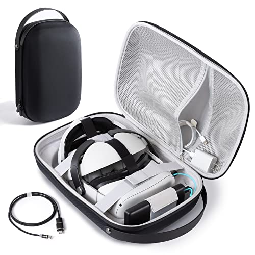 CoBak Hard Carrying Case for Meta Oculus Quest 2 - Magnetic Charging, Multiple Compartments for Basic/Elite Version VR Headset, Controllers and Accessories - Travel with Power and Protection