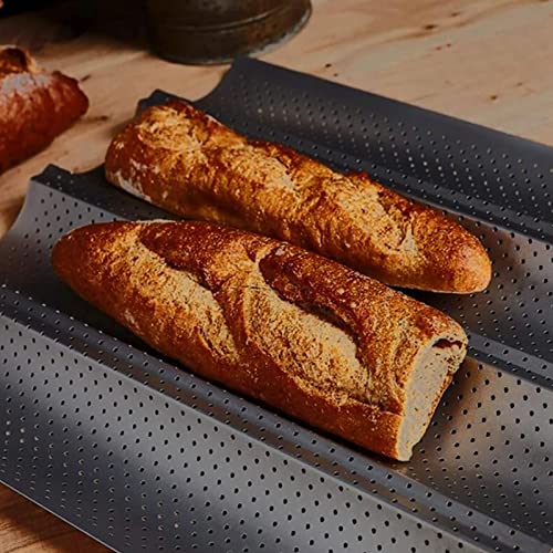 3 Slots French Baguette Pan for Baking Supplies, Black, Stainless Steel U Perforated Design Bread Baking Pan, Uniform Heating Oven Toaster Pan
