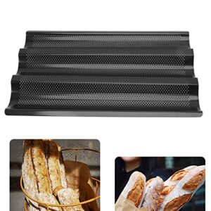 3 Slots French Baguette Pan for Baking Supplies, Black, Stainless Steel U Perforated Design Bread Baking Pan, Uniform Heating Oven Toaster Pan