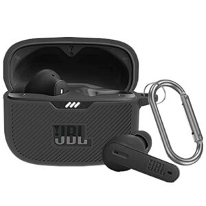 miimall compatible for jbl tune 230nc tws case cover, [anti-lost keychain] soft silicone protective scratch resistance skin case for jbl tune 230nc case accessories with carabiner (black)
