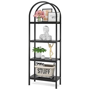 little tree 4-tier arched bookshelf, tall open bookcase storage shelves, wood metal freestanding display rack tall shelving unit for home office, bedroom, living room, industrial black