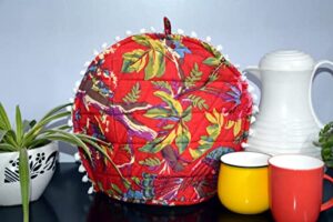 tea cozy cotton vintage floral tea cosy for teapots keep warm teapot cover insulated kettle cover tea cozies with pom pom (red bird with white pom pom)