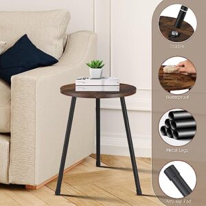 kinnary Round Side Table, Small Accent End Table for Living Room, Bedroom, Small Spaces, Height Adjustable Metal Legs, Easy Assembly Nightstand Coffee Bedside Table for Office, Rustic Brown