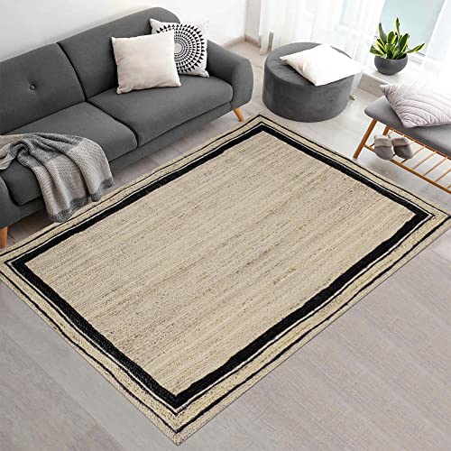 Casavani Indian Hand Braided Rag Rug Geometric Beige & Black Jute Area Rug Hallway Enterway Rugs For Farmhouse,Bedroom,Dining Room & Kitchen 4x6 6x8 4x10 Feet Runner