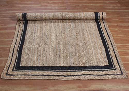 Casavani Indian Hand Braided Rag Rug Geometric Beige & Black Jute Area Rug Hallway Enterway Rugs For Farmhouse,Bedroom,Dining Room & Kitchen 4x6 6x8 4x10 Feet Runner