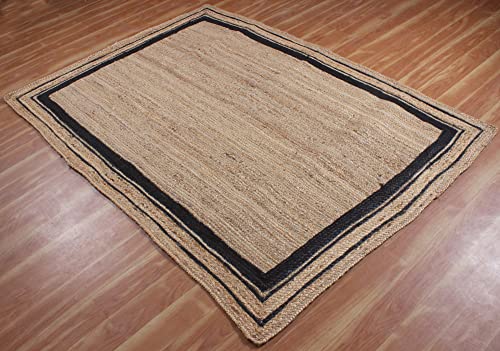 Casavani Indian Hand Braided Rag Rug Geometric Beige & Black Jute Area Rug Hallway Enterway Rugs For Farmhouse,Bedroom,Dining Room & Kitchen 4x6 6x8 4x10 Feet Runner