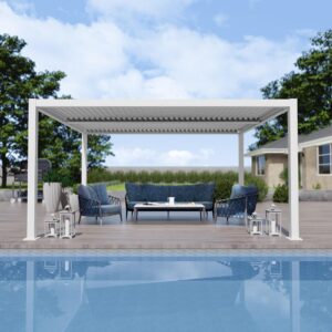 kozyard elizabeth outdoor louvered pergola sun shade aluminum pergola rainproof gazebo with adjustable roof for outdoor deck patio garden yard (12' x 14', white)