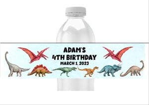 dinosaur party favors for boys birthday, personalized water bottle labels, pack of 25 peel and stick waterproof wrappers