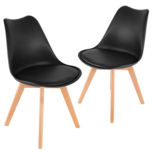 Lifetime Home Mid-Century Modern Lounge Chair Set of 2 - High Back Rest, Soft Padded Seats & Solid Wood Legs - Dining, Living Room, Kitchen - DSW Shell Tulip Chair - Black