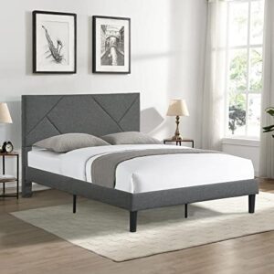queen size upholstered platform bed frame with headboard, strong wood slat support, mattress foundation, no box spring needed, easy assembly, gray