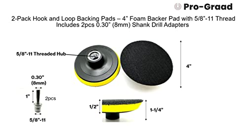 Pro-Graad 2 Pack 4" Hook and Loop Backing Pads Foam Backer Pad with 5/8”-11 – 4 inch Backup Pads for use with Angle Grinder or Drill Sanding Polishing Discs – Includes 2pcs 0.30” (8mm) Shank Adapters