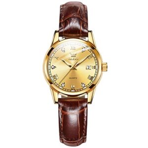 gold watches for women diamond face quartz stainless steel slim mini watches roman numeral water resistant simple female watches with leather band luxury women golden watches brown strap easy reader
