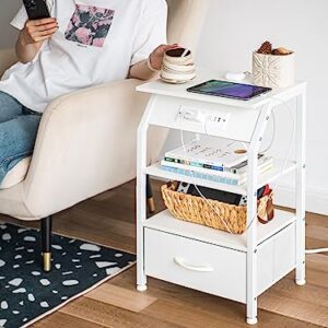 Labcosi White Nightstands with Fabric Drawer, 25" Tall Bedside Table with Charging Station, Bedroom End Tables and Dresser, 2 Pack