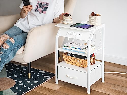 Labcosi White Nightstands with Fabric Drawer, 25" Tall Bedside Table with Charging Station, Bedroom End Tables and Dresser, 2 Pack