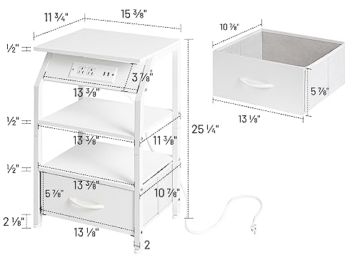 Labcosi White Nightstands with Fabric Drawer, 25" Tall Bedside Table with Charging Station, Bedroom End Tables and Dresser, 2 Pack