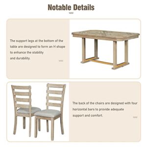 Wood Dining Table Set with 4 Upholstered Chair and 1 Bench, 6-Piece Kitchen Dining Table Set with Beautiful Wood Grain Pattern Tabletop Solid Veneer for Living Room (Natural Wood Wash + Solid Wood-A6)