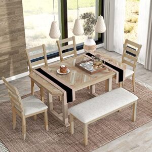 wood dining table set with 4 upholstered chair and 1 bench, 6-piece kitchen dining table set with beautiful wood grain pattern tabletop solid veneer for living room (natural wood wash + solid wood-a6)