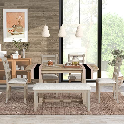 Wood Dining Table Set with 4 Upholstered Chair and 1 Bench, 6-Piece Kitchen Dining Table Set with Beautiful Wood Grain Pattern Tabletop Solid Veneer for Living Room (Natural Wood Wash + Solid Wood-A6)