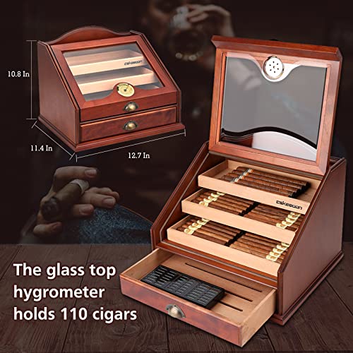 cskeeoon Cigar Humidors Cabinet - Cedar Wood Cigar Box for 100 to 150 Cigars with Digital Hygrometer, 3 Drawers & 3 Crystal Gel Humidifiers, Cigar Gift for Men, Cigar Aficionados.… (Square110)
