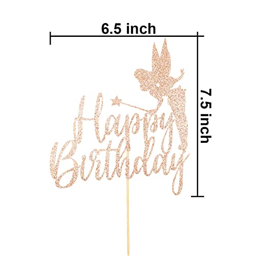 Tinker Bell Happy Birthday Cake Topper, Fairy Tinkerbell Disney Princess Girls Birthday Party Cake Decorations, Rose Gold Glitter