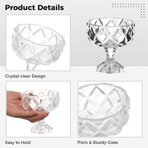 Homaisson Glass Dessert Bowls 6 Pcs, 9.5 oz Footed Crystal Trifle Bowls, Large Dessert Cups for Ice Cream, Sundaes, Parfait, Milkshakes, Fruits, Pudding, Snack, Cereal, Nuts, 4.3×4.5 in, XL