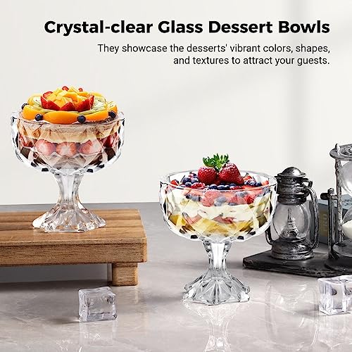 Homaisson Glass Dessert Bowls 6 Pcs, 9.5 oz Footed Crystal Trifle Bowls, Large Dessert Cups for Ice Cream, Sundaes, Parfait, Milkshakes, Fruits, Pudding, Snack, Cereal, Nuts, 4.3×4.5 in, XL