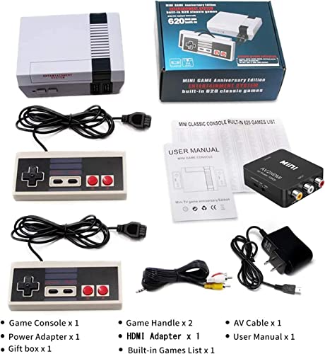 Retro Game Console – Classic Mini Retro Game System Built-in 620 Games and 2 Controllers, AV and HDMI Output 8-Bit Video Game System with Classic Games, Old-School Gaming System for Adults and Kids