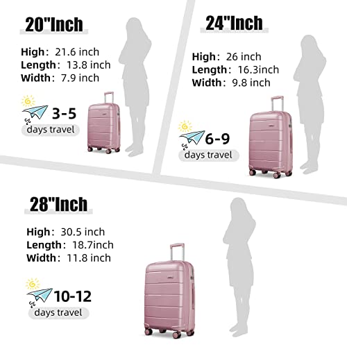 Joyway Luggage set 24 In Checked Suitcase with Spinner Wheels Hardside Luggage 8PCS Set Lightweight PP Durable Luggage with TSA Lock(Pink,24 Inch)