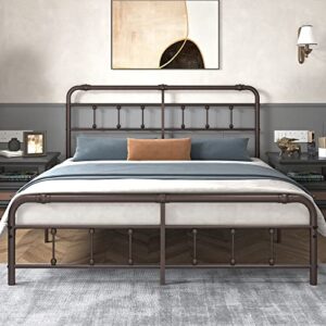 yalemoll california-king-bed-frame and-headboard - 15 inch high metal platform,no box spring needed,easy assembly(brown)
