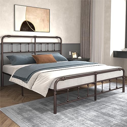 Yalemoll California-King-Bed-Frame and-Headboard - 15 Inch High Metal Platform,No Box Spring Needed,Easy Assembly(Brown)