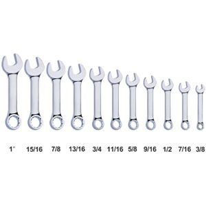 Premium Stubby Combination Wrench Set with Roll-up Pouch, 11-Piece, SAE, 3/8” to 1”, No Skipped Inch Size | Cr-V Steel, Mirror Polished Finish | Short Length and Slim Body, Perfect for Confined Areas