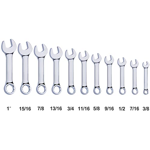 Premium Stubby Combination Wrench Set with Roll-up Pouch, 11-Piece, SAE, 3/8” to 1”, No Skipped Inch Size | Cr-V Steel, Mirror Polished Finish | Short Length and Slim Body, Perfect for Confined Areas