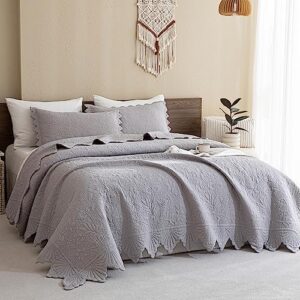 cozytide grey king size quilt bedding sets(110"x98"),cotton bedspreads coverlet king size 3pcs (1 elegant scalloped edge gray quilt and 2 pillow shams) farmhouse cotton quilts california king summer
