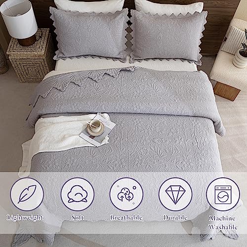 CozyTide Grey King Size Quilt Bedding Sets(110"x98"),Cotton Bedspreads Coverlet King Size 3pcs (1 Elegant Scalloped Edge Gray Quilt and 2 Pillow Shams) Farmhouse Cotton Quilts California King Summer