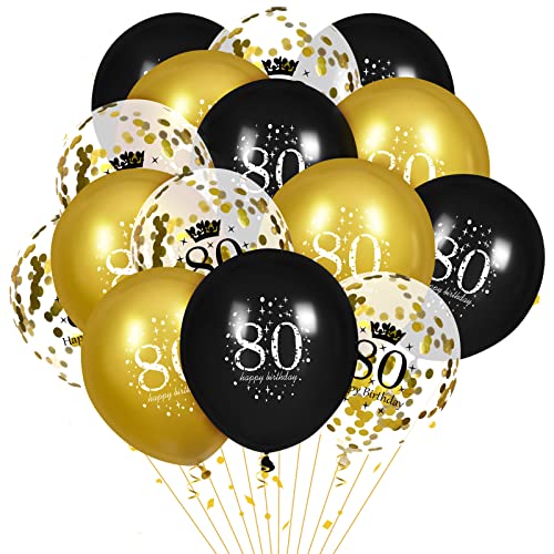 80th Birthday Balloons for Men, 15 Pcs Black Gold Happy 80th Birthday Balloons, Black Gold 80th Birthday Party Decorations Balloons for Men Women 80th Birthday Decor