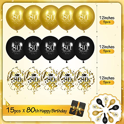 80th Birthday Balloons for Men, 15 Pcs Black Gold Happy 80th Birthday Balloons, Black Gold 80th Birthday Party Decorations Balloons for Men Women 80th Birthday Decor