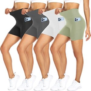fullsoft 4 pack biker shorts for women – 5" high waist tummy control workout yoga running compression exercise shorts with pockets(4 pack black/grey/light green/white,large-x-large)