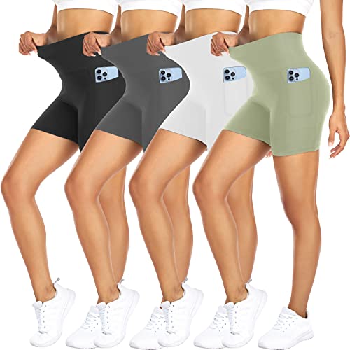 FULLSOFT 4 Pack Biker Shorts for Women – 5" High Waist Tummy Control Workout Yoga Running Compression Exercise Shorts with Pockets(4 Pack Black/Grey/Light Green/White,Large-X-Large)