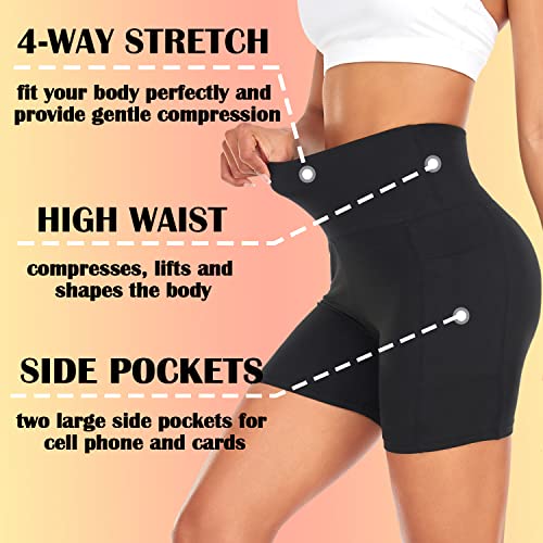 FULLSOFT 4 Pack Biker Shorts for Women – 5" High Waist Tummy Control Workout Yoga Running Compression Exercise Shorts with Pockets(4 Pack Black/Grey/Light Green/White,Large-X-Large)