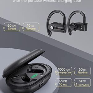 Anypub Wireless Earbuds 4 Mic Clear Call Bluetooth Headphones with Wireless Charging Case 60H Playback Over Ear Earphones Bass Stereo in Ear Buds LED Display Waterproof Earhooks for Sport Running